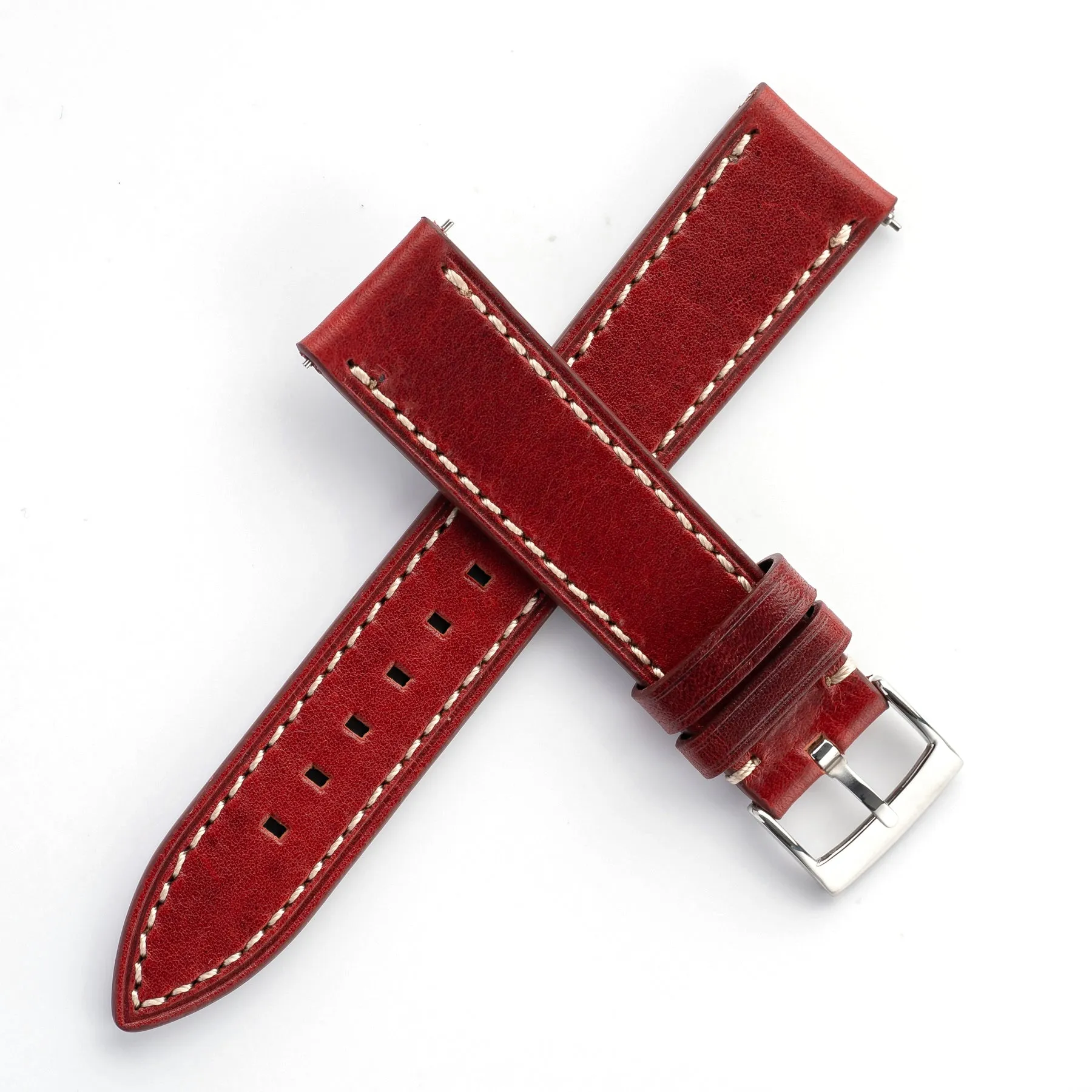 20mm 22mm Quick Release Handmade Leather Watch Strap - Oxblood Red Full Stitch