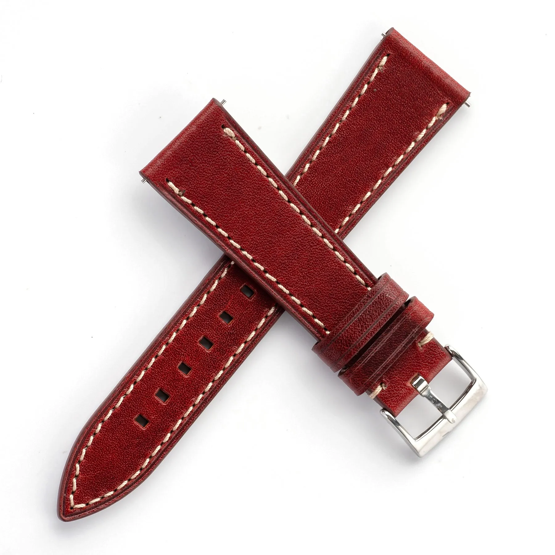 20mm 22mm Quick Release Handmade Leather Watch Strap - Oxblood Red Full Stitch