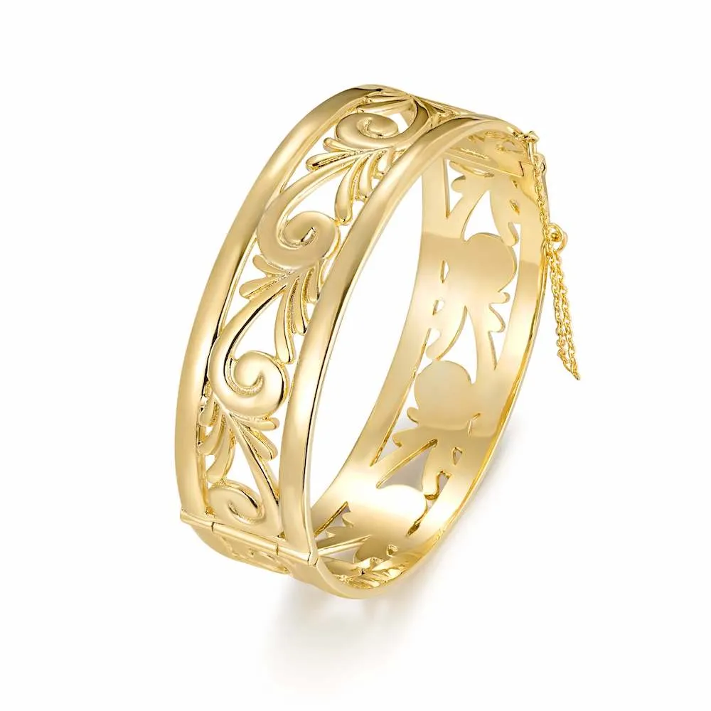 20mm Gold Filigree Bangle Bracelet with Safety Chain