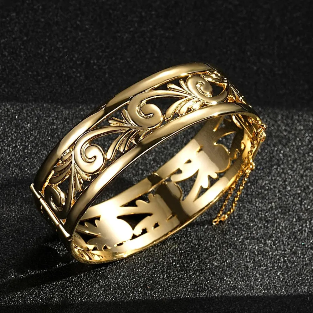 20mm Gold Filigree Bangle Bracelet with Safety Chain