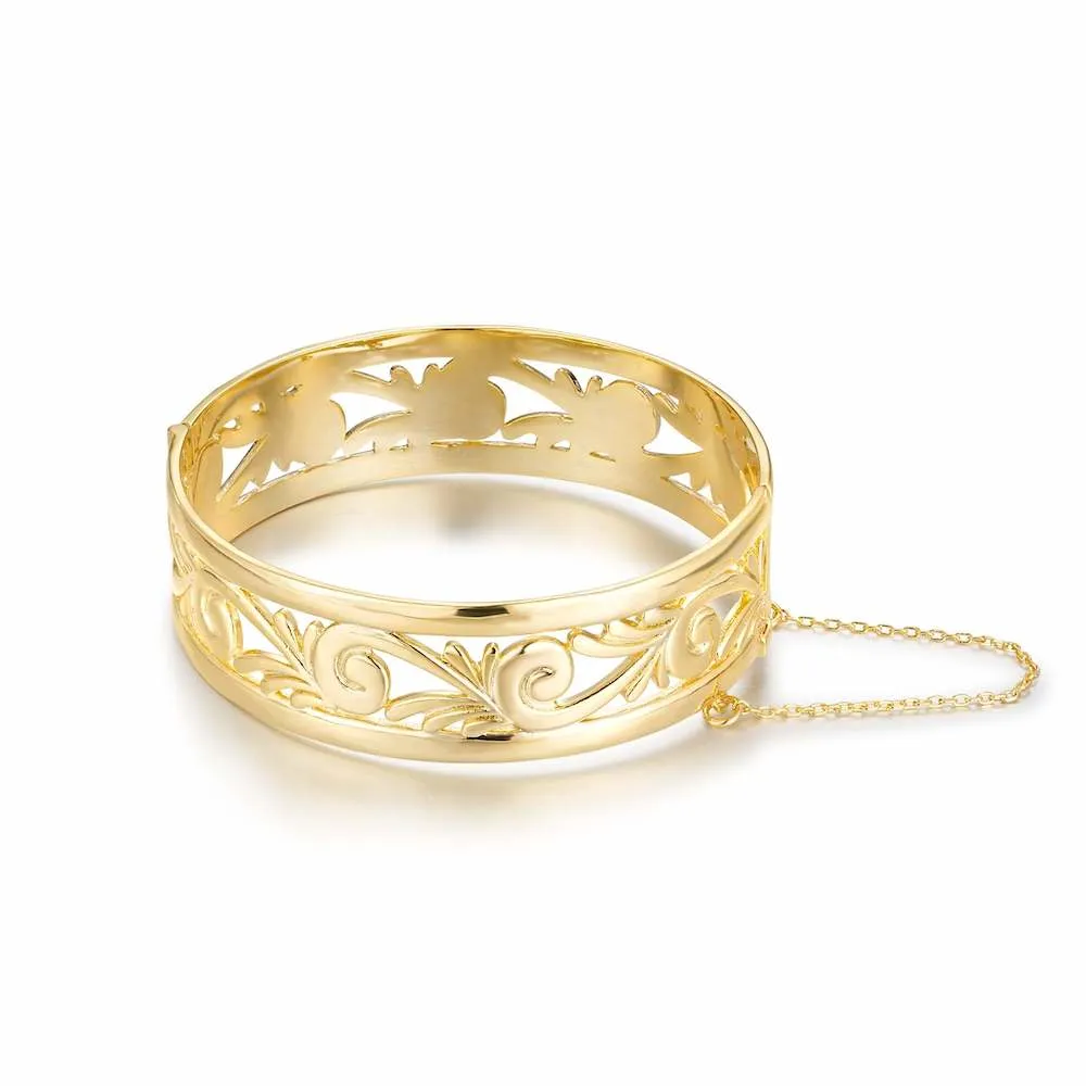 20mm Gold Filigree Bangle Bracelet with Safety Chain