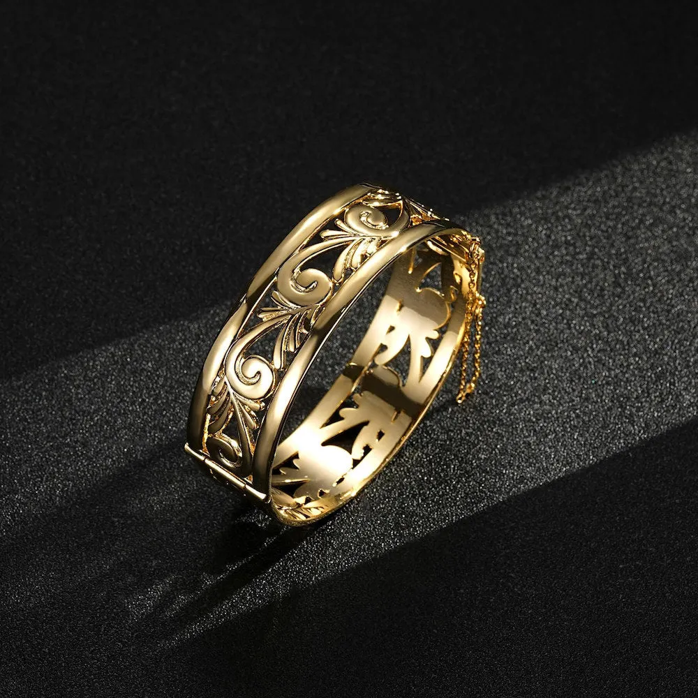 20mm Gold Filigree Bangle Bracelet with Safety Chain