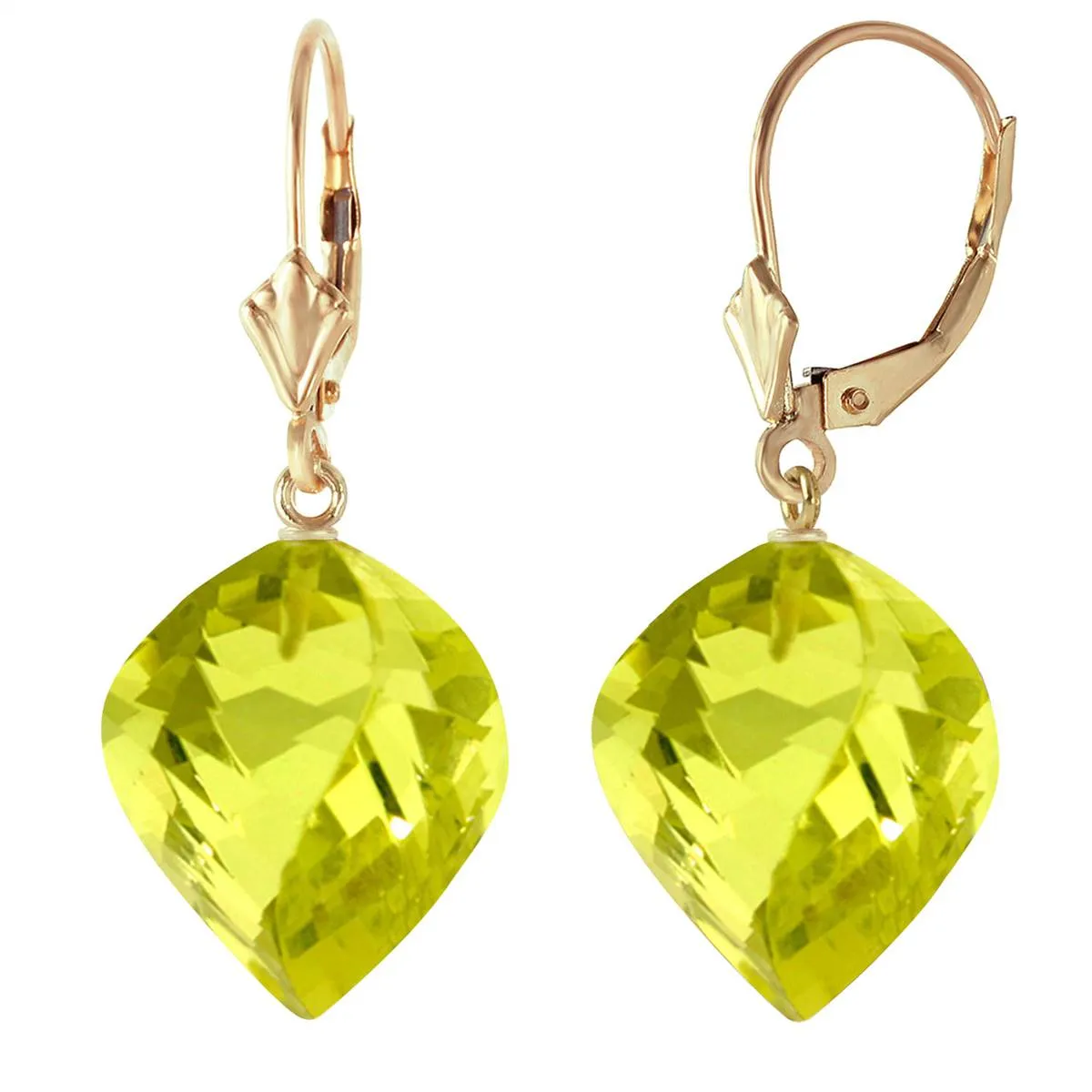 21.5 Carat 14K Solid Yellow Gold Leverback Earrings Twisted Briolette Quartz