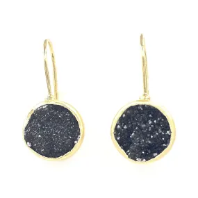 22k Gold and Black Druzy Circle Drop Earrings