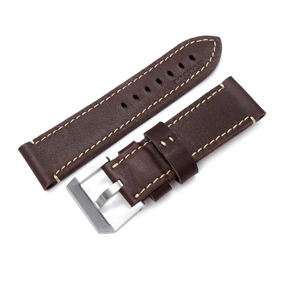 26mm MiLTAT Cashmere Calf Dark Brown Watch Strap, Beige Hand Stitching