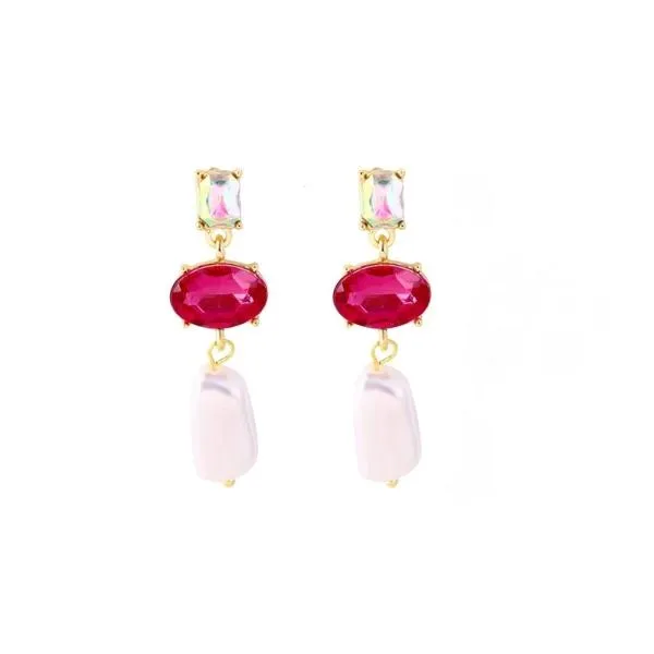 3 Stone Pink Oval Cut Faux Pearl  Dangle Earrings