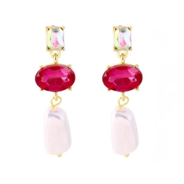 3 Stone Pink Oval Cut Faux Pearl  Dangle Earrings