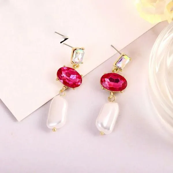 3 Stone Pink Oval Cut Faux Pearl  Dangle Earrings