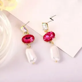 3 Stone Pink Oval Cut Faux Pearl  Dangle Earrings