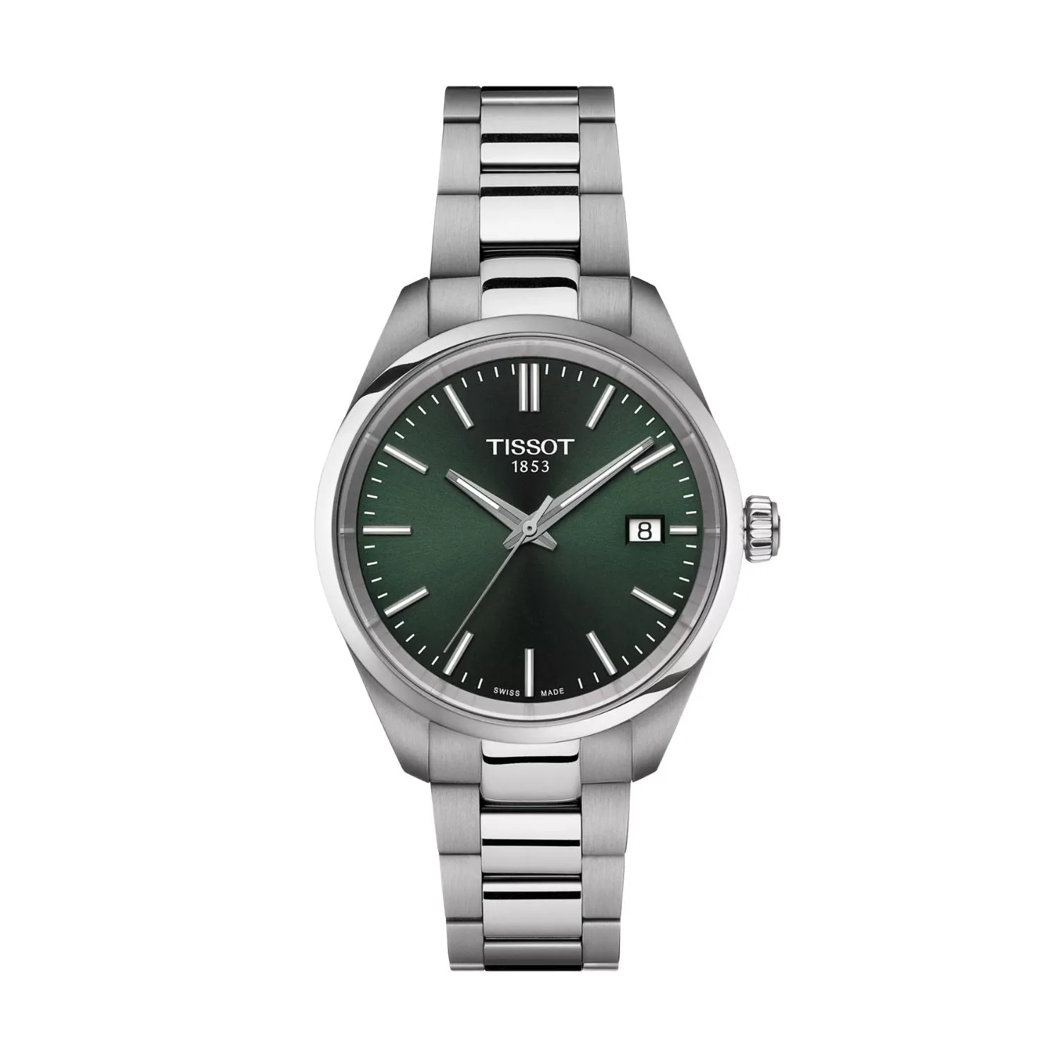 34MM TISSOT PR 100 QUARTZ WATCH WITH STAINLESS STEEL CASE AND GREEN DATE DIAL