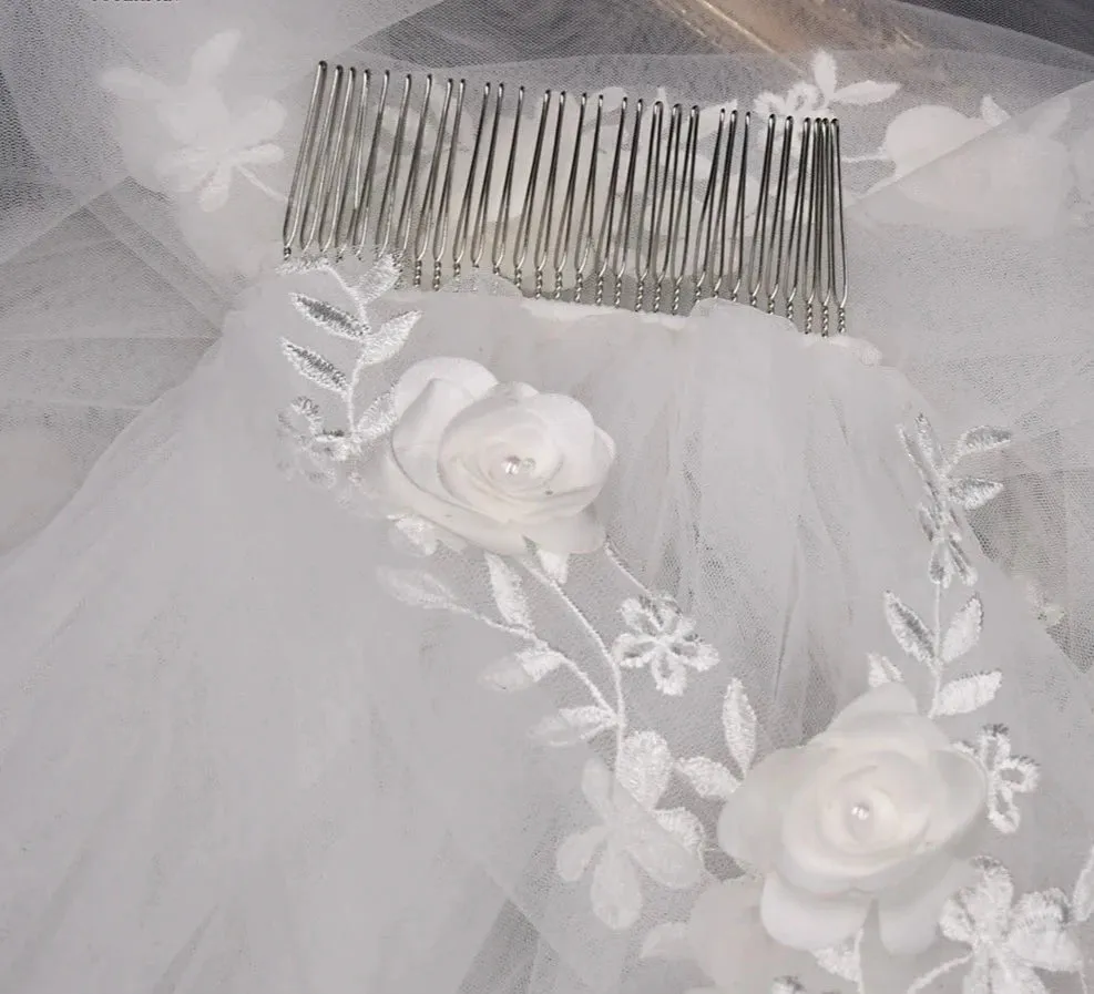 3D Flower Wedding Veil Single Layer Luxury Bridal Cathedral Veil with Hair Comb