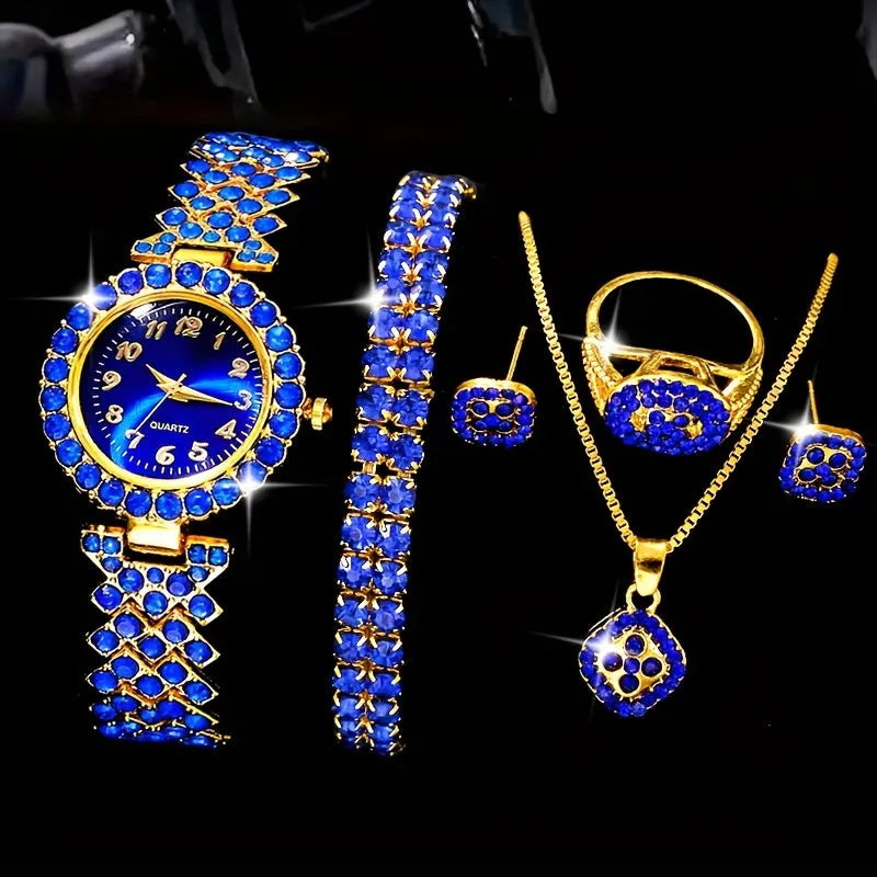 6-Piece Blue Round Rhinestone Quartz Watch Set - Zinc Alloy Strap, Pointer, and Case with Rhinestone Accents, Plus Matching Necklace, Earrings, and Ring - Ideal Gift for Friends and Family, Perfect for Any Occasion