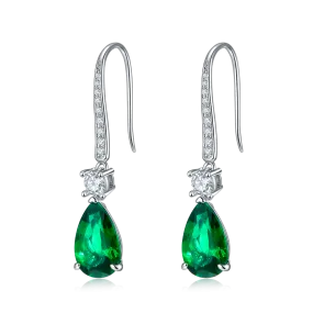 6.0 Carat Pear Shaped Lab Created Emerald Pendant in S925 Silver Plated Platinum Hook Earrings