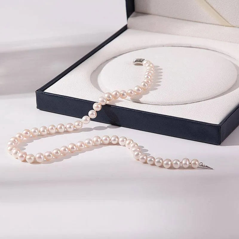 8-9mm Classic White Round Freshwater Pearl Necklace, Sterling Silver Clasp AAAA Grade