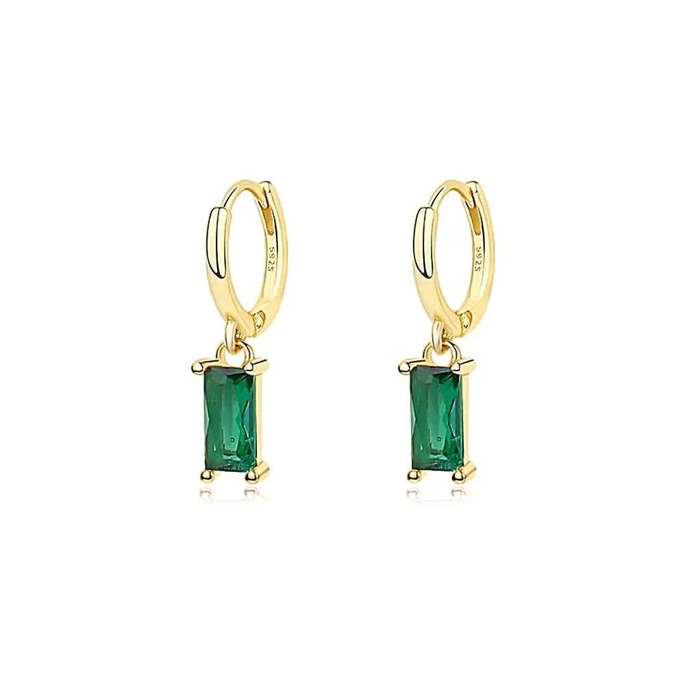 925 Silver Square Emerald Gold Earrings