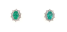 9ct White Gold Emerald And Diamond Cluster Stud Earrings