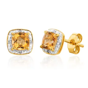 9ct Yellow Gold 5mm 0.50ct Citrine and Diamond Cushion Cut Stud Earrings