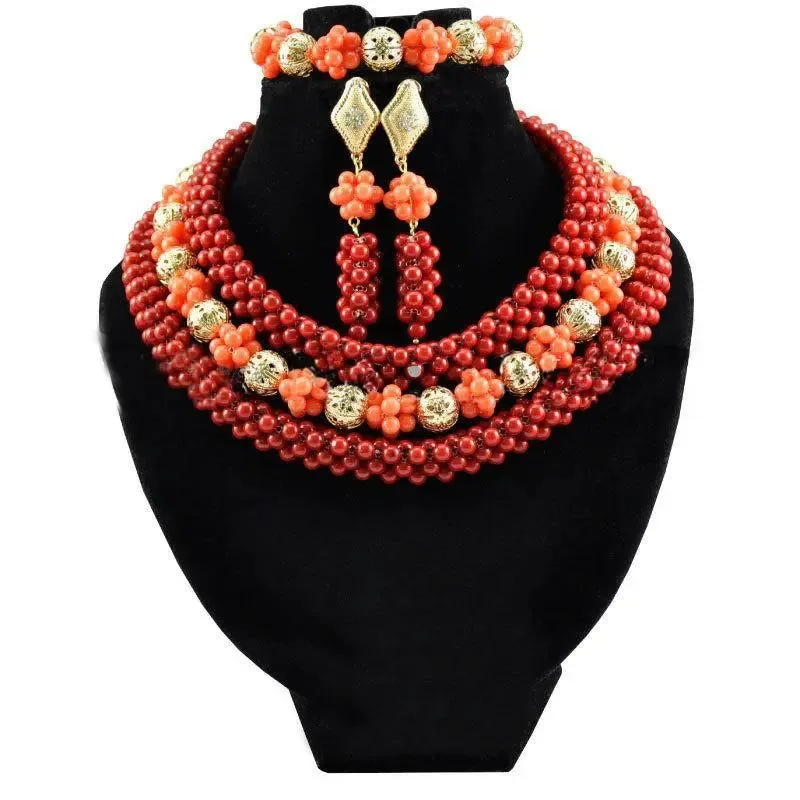 African Detailed Elegant Coral Wedding Party Beads Jewellery Set