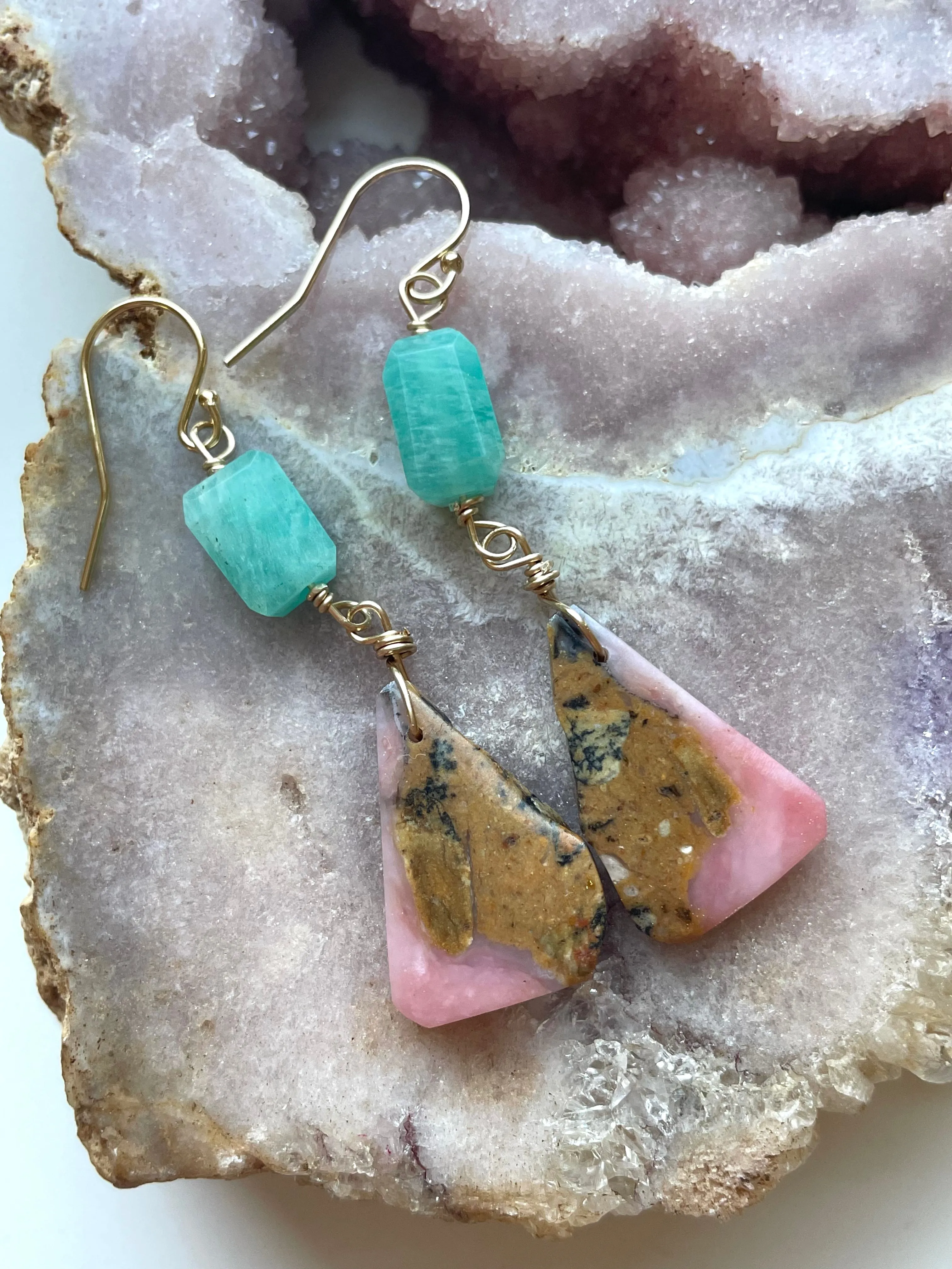 Amazonite and Pink Opal Dangle Earrings on Gold Filled one of a kind Crystal earrings