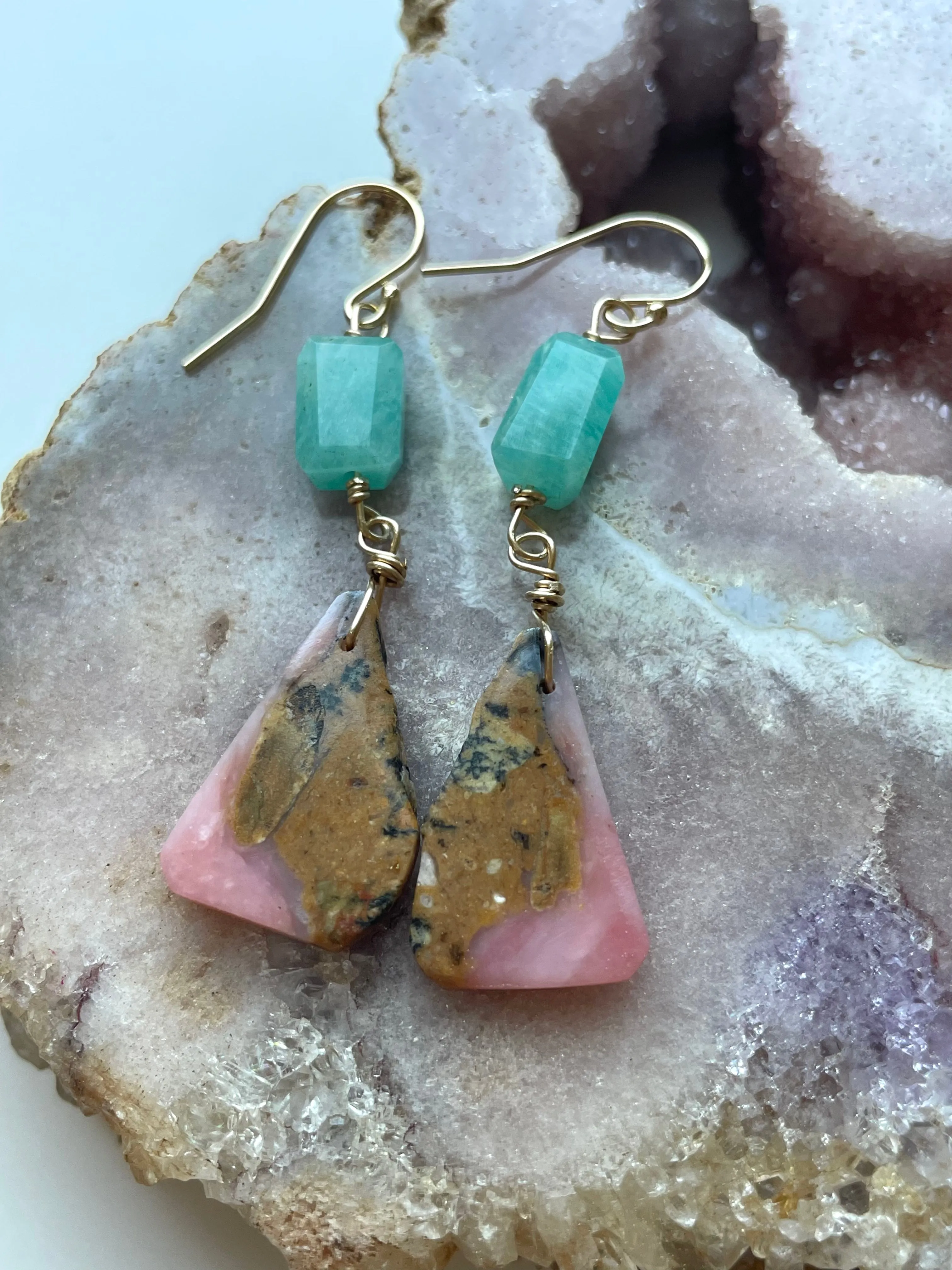 Amazonite and Pink Opal Dangle Earrings on Gold Filled one of a kind Crystal earrings