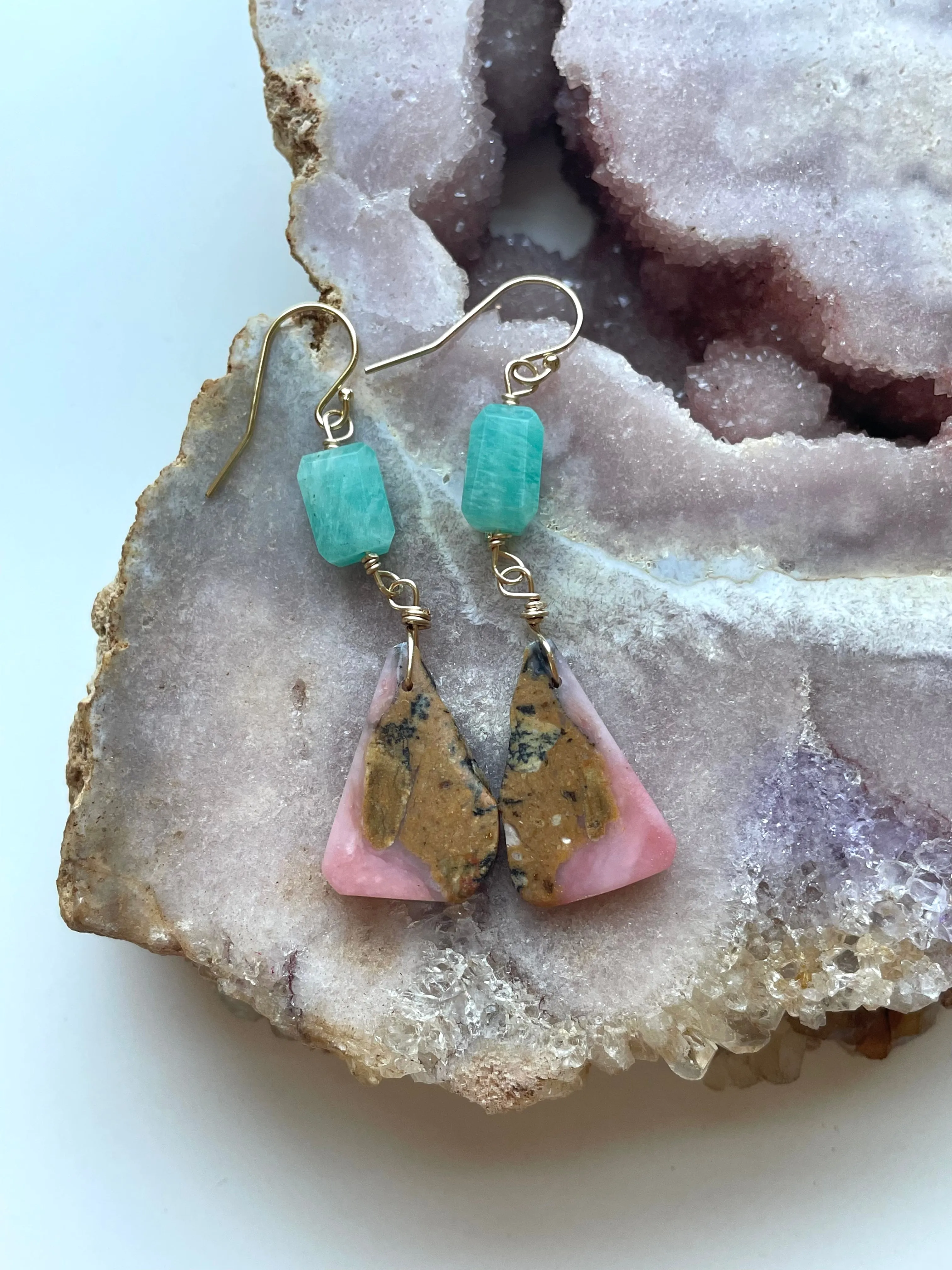 Amazonite and Pink Opal Dangle Earrings on Gold Filled one of a kind Crystal earrings