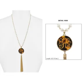 AN1866-AWG Pearl & Gold Necklace Tortoise Initial "A" Pendent and Tassel