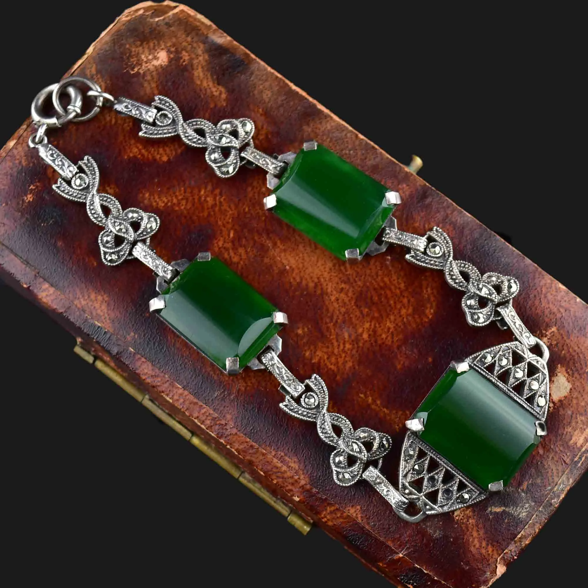 Antique Art Deco Silver Filigree Chrysoprase Bracelet