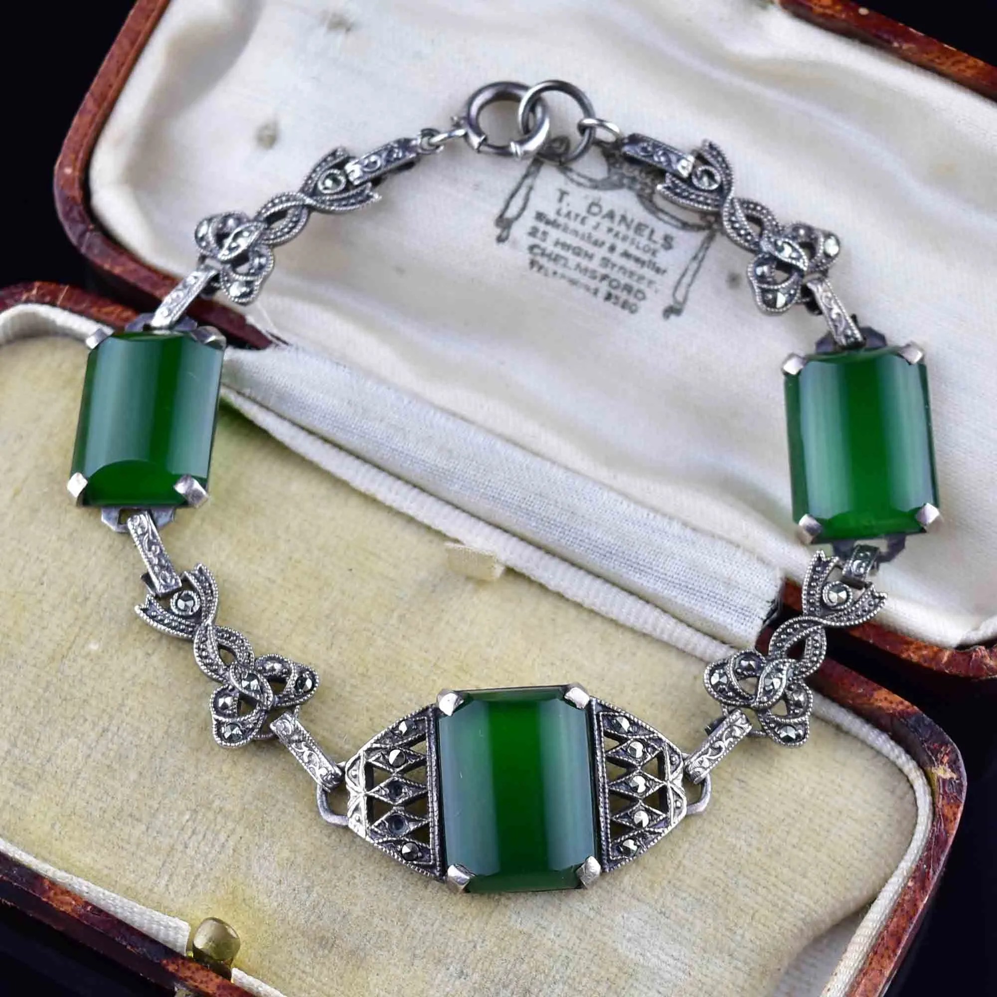 Antique Art Deco Silver Filigree Chrysoprase Bracelet