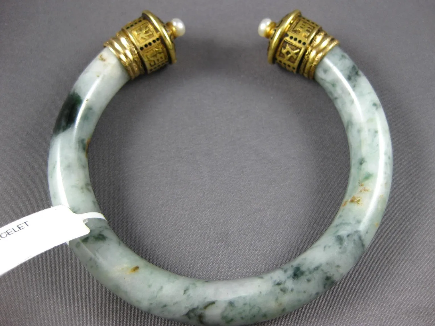 ANTIQUE LARGE AAA JADE & PEARL 14KT YELLOW GOLD 3D CHINESE CUFF BANGLE BRACELET