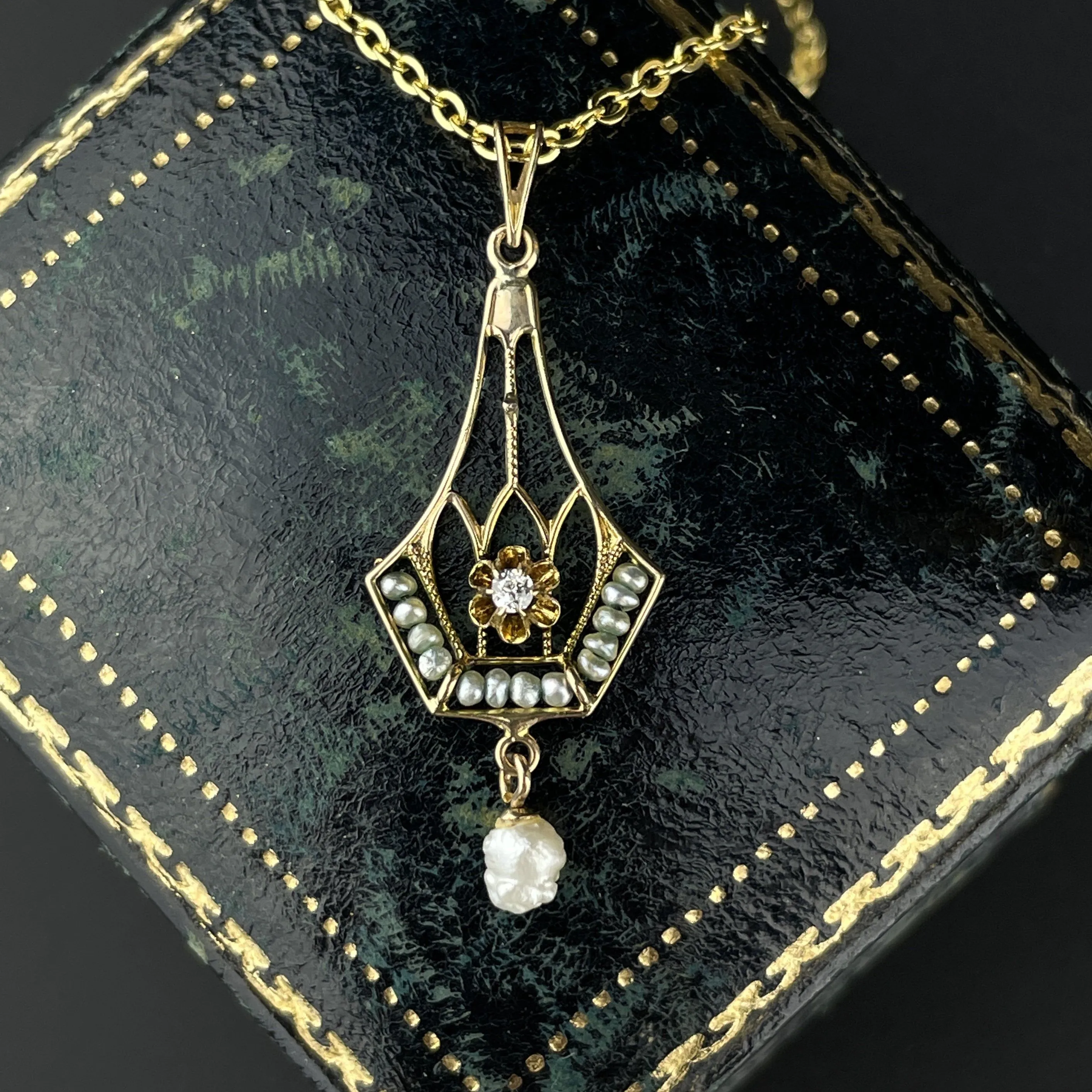 Antique Victorian Diamond Seed Pearl Lavalier Pendant Necklace