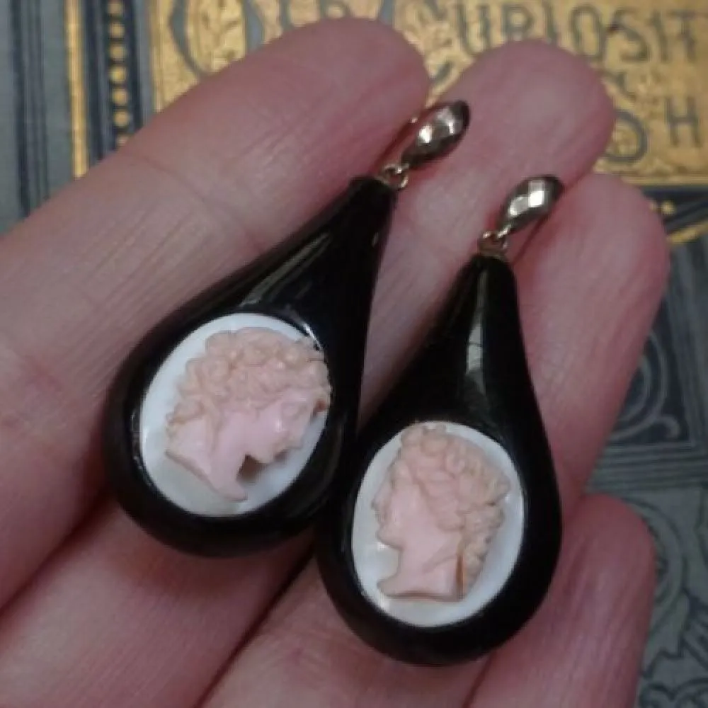 Antique Victorian Whitby Jet Cameo Coral Earrings