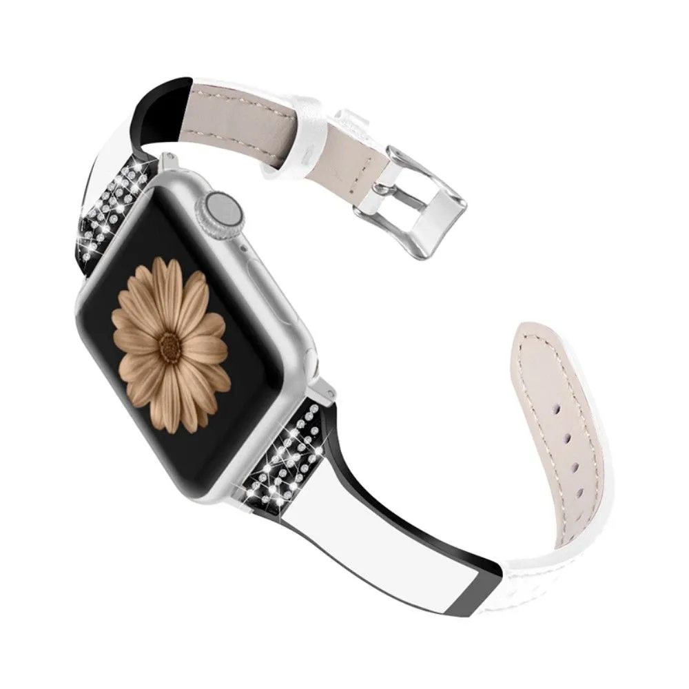 Apple Watch (41mm) rhinestone décor genuine leather watch strap - White