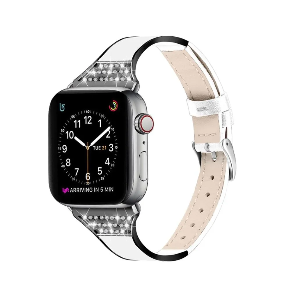 Apple Watch (41mm) rhinestone décor genuine leather watch strap - White