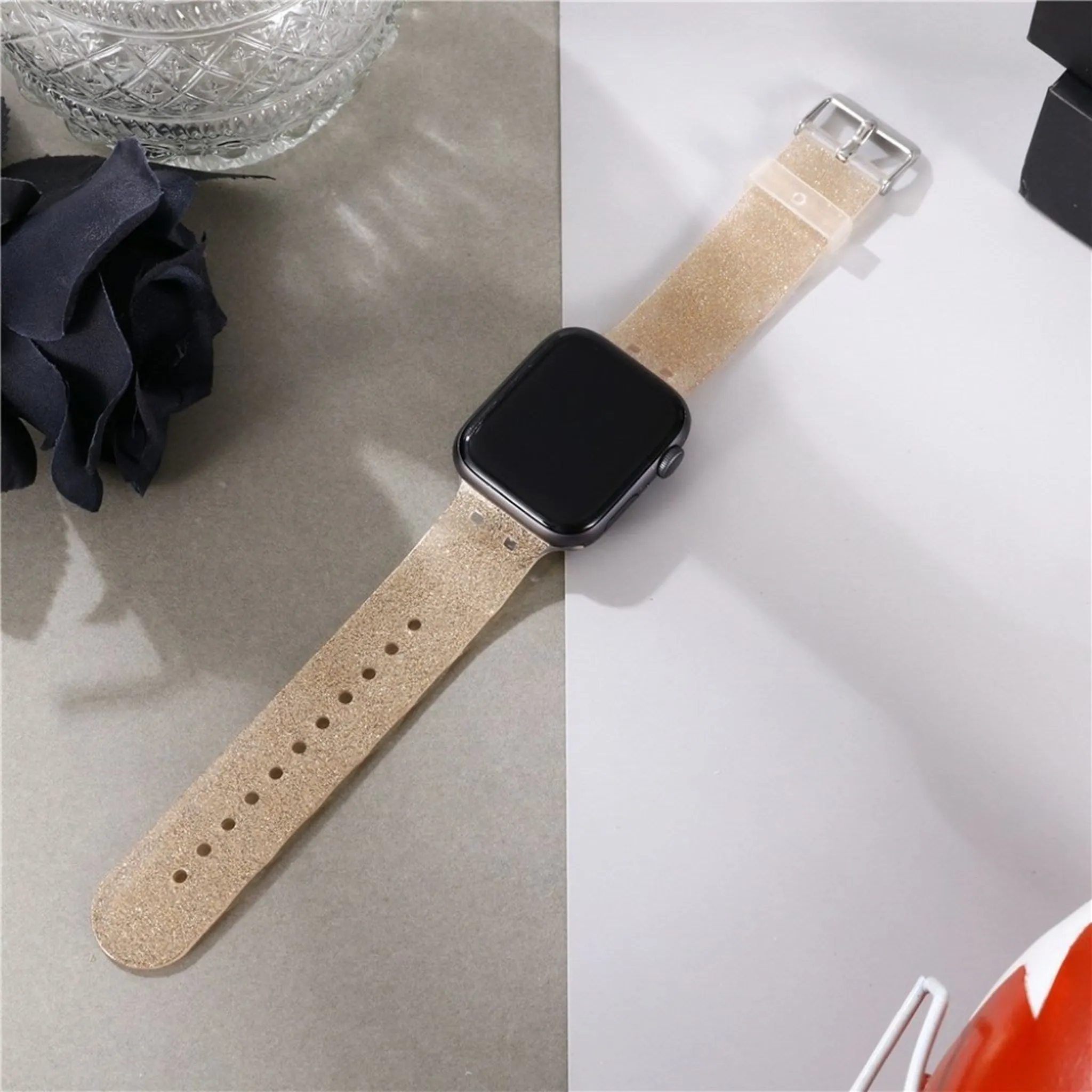 Apple Watch 44mm stylish pattern TPU watch strap - Beige / Glitter