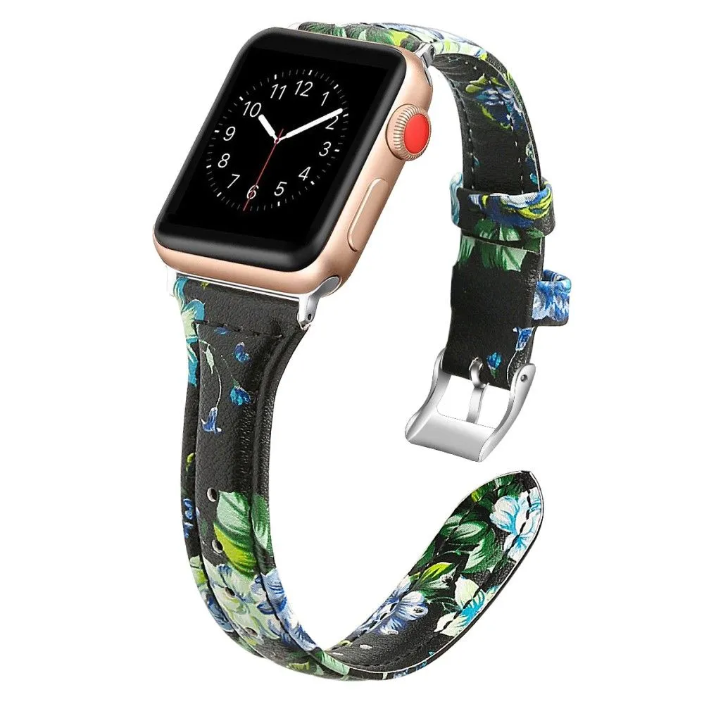 Apple Watch (45mm) B6 genuine leather watch strap - Green Flower / Size: L