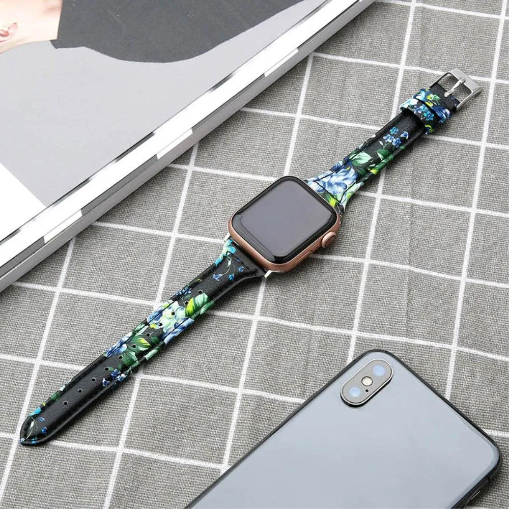 Apple Watch (45mm) B6 genuine leather watch strap - Green Flower / Size: L