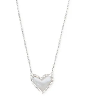 Ari Heart Rhodium Short Pendant in Ivory MOP