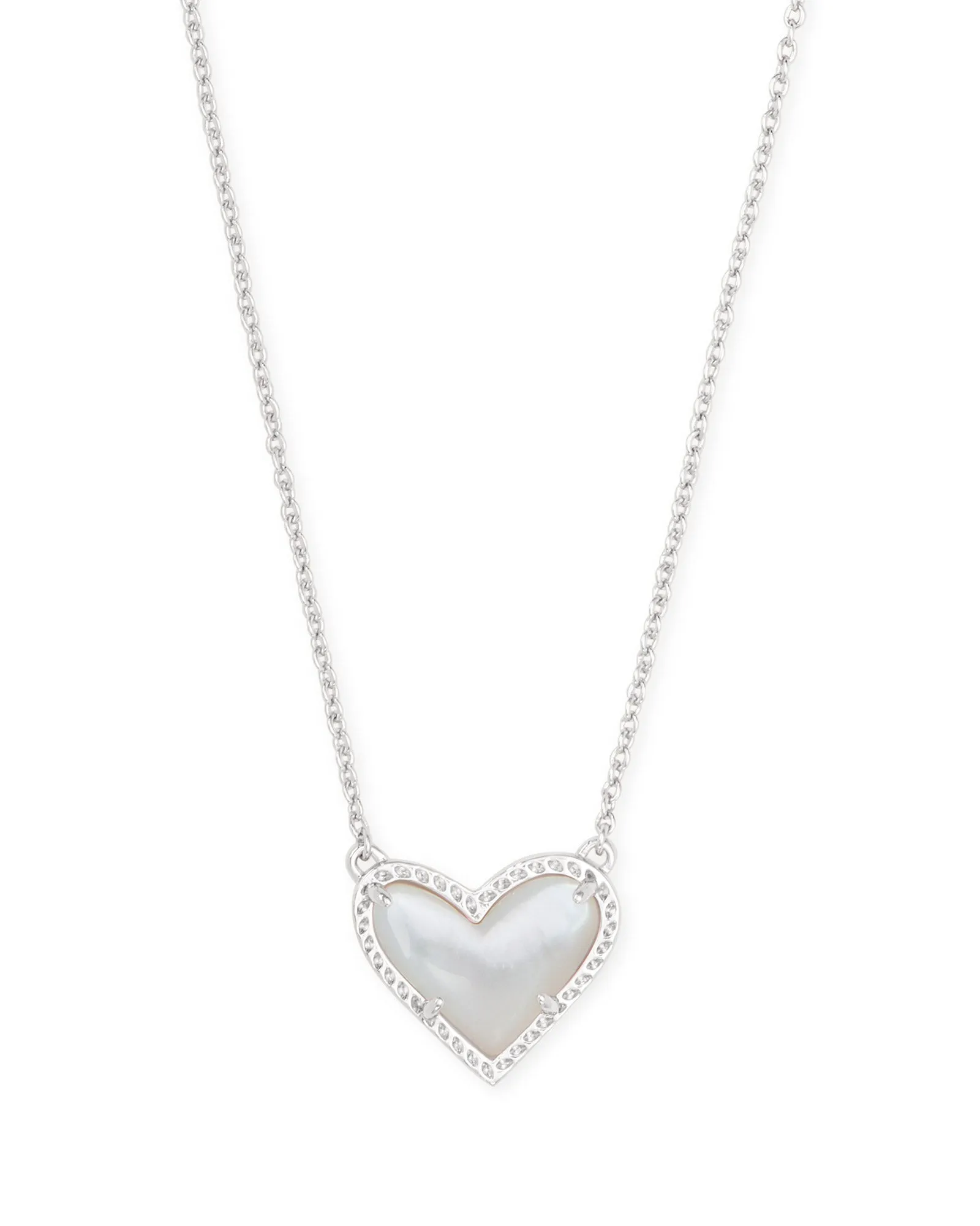 Ari Heart Rhodium Short Pendant in Ivory MOP