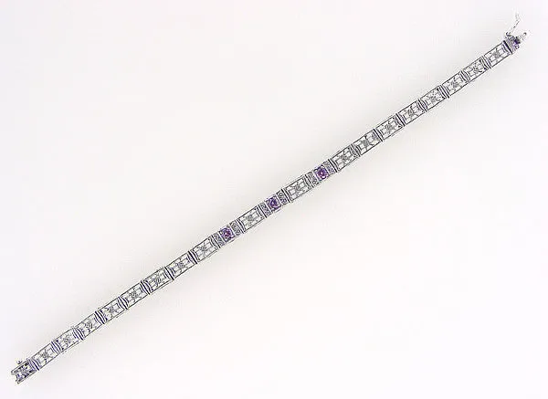 Art Deco Filigree Straightline Amethyst Bracelet in Sterling Silver