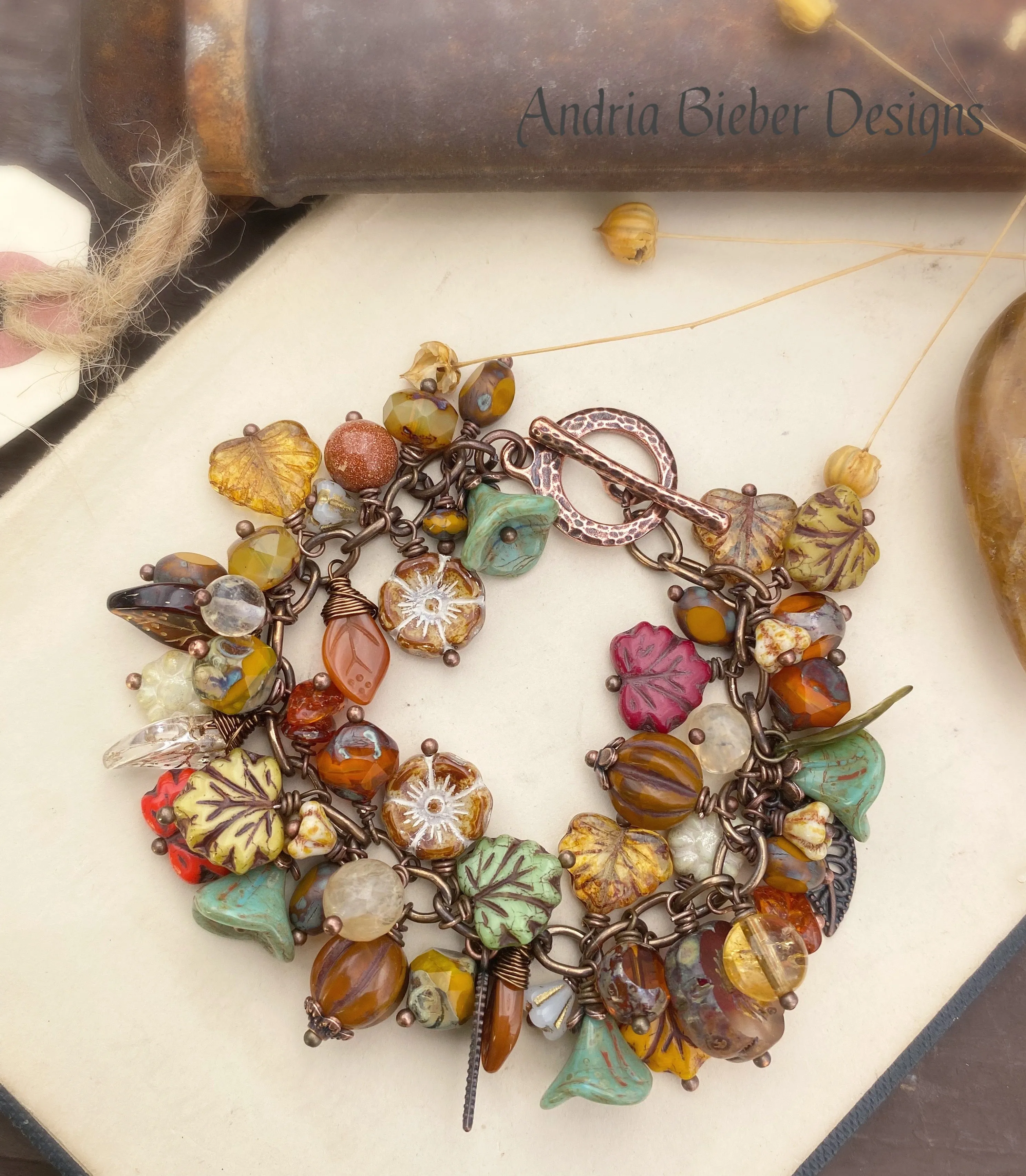 Autumn leaves. Mixed stone, Czech glass, charm bracelet, KIT