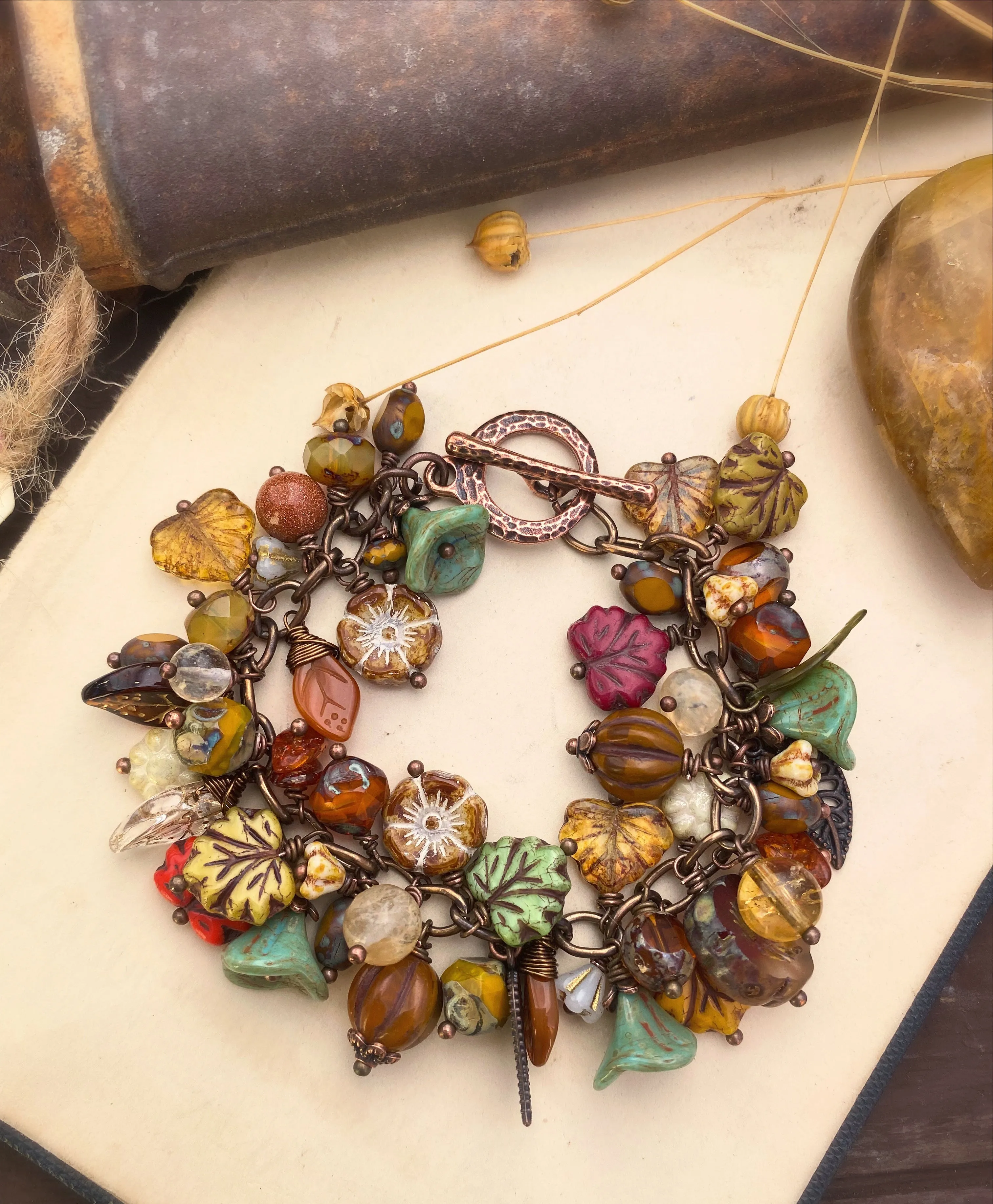 Autumn leaves. Mixed stone, Czech glass, charm bracelet, KIT