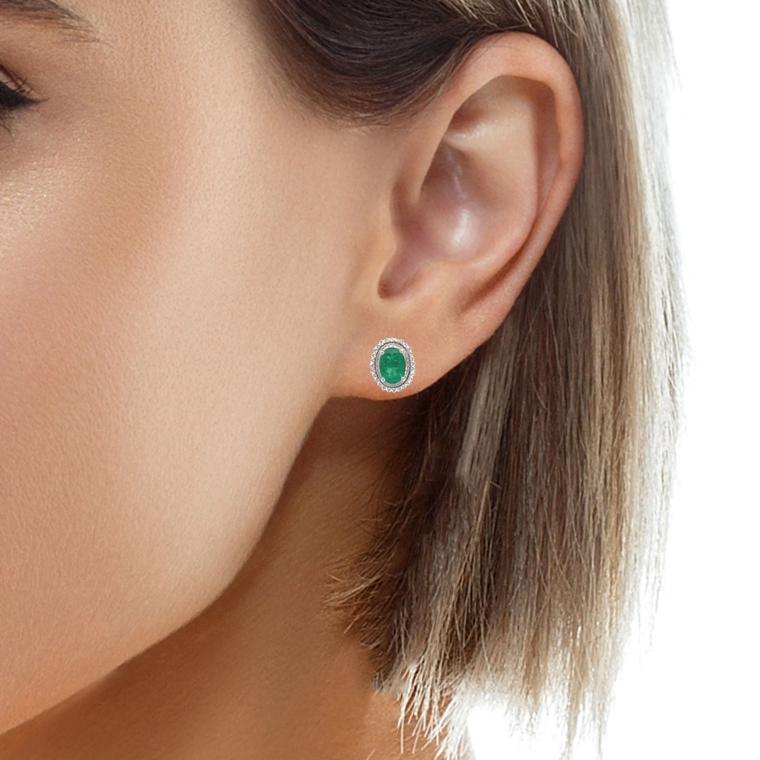 Baikalla™ Classic 18k White Gold AA Emerald Stud Earrings With Diamonds