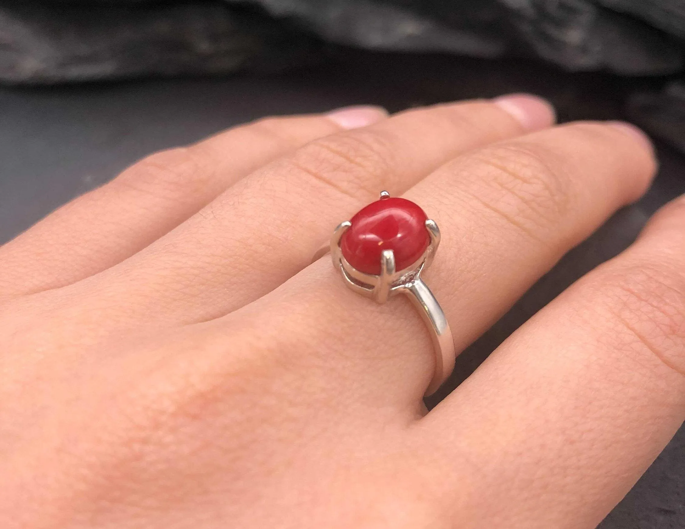 Bamboo Coral Ring - Natural Coral Ring - Red Solitaire Ring