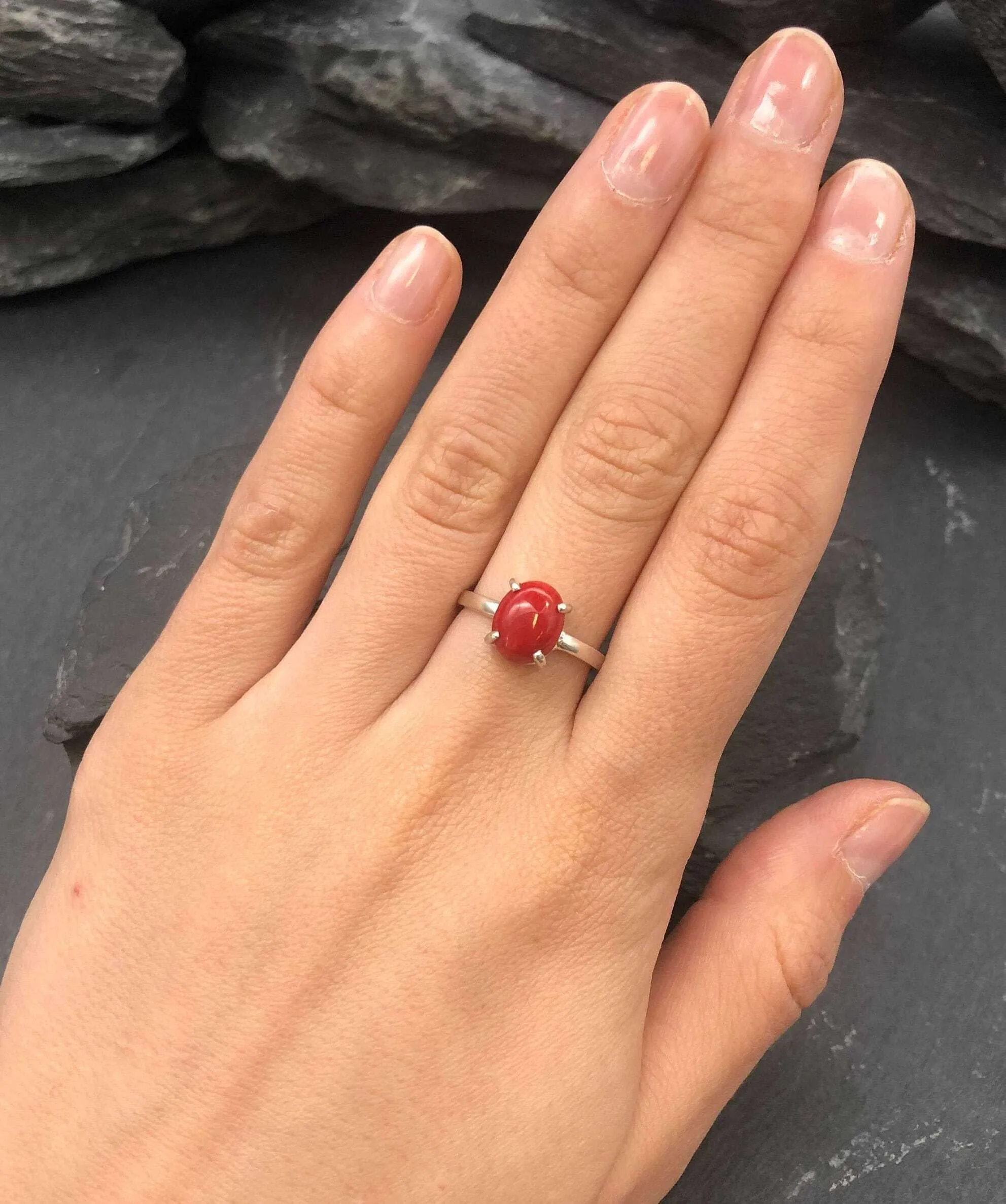 Bamboo Coral Ring - Natural Coral Ring - Red Solitaire Ring