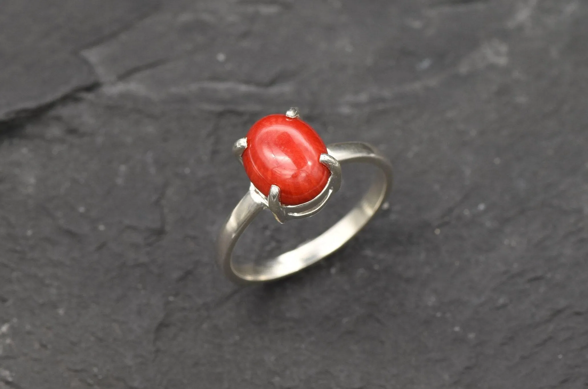 Bamboo Coral Ring - Natural Coral Ring - Red Solitaire Ring