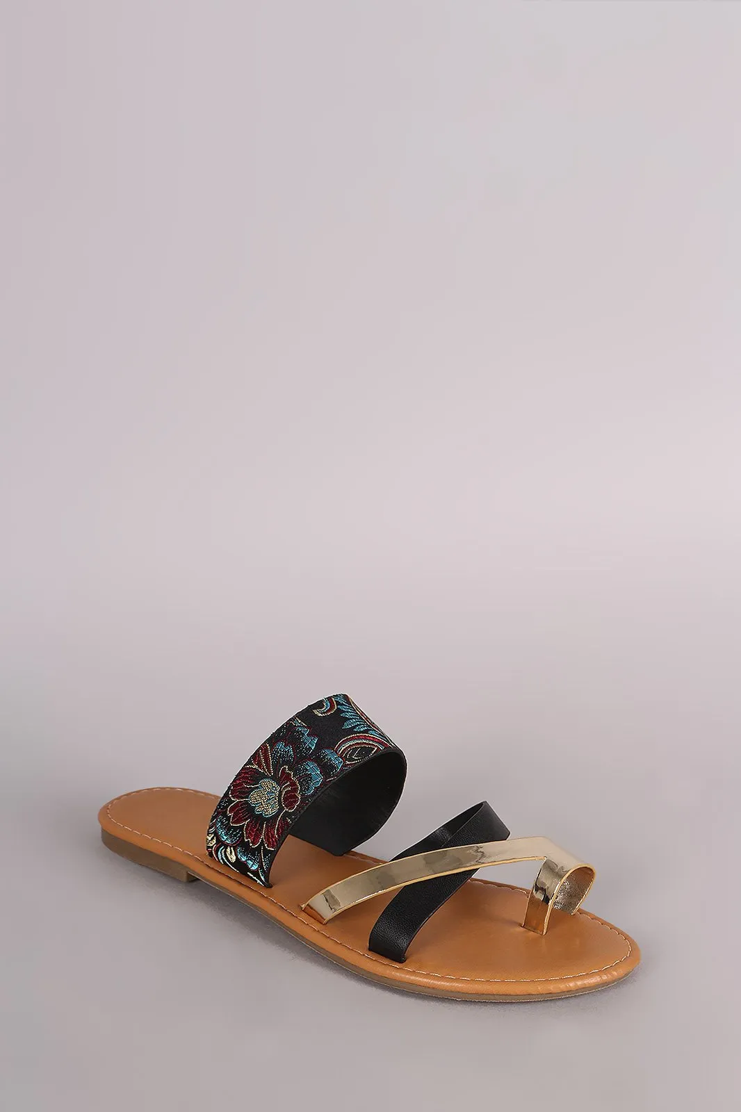 Bamboo Satin Embroidery Strappy Toe Ring Flat Slip On Sandal