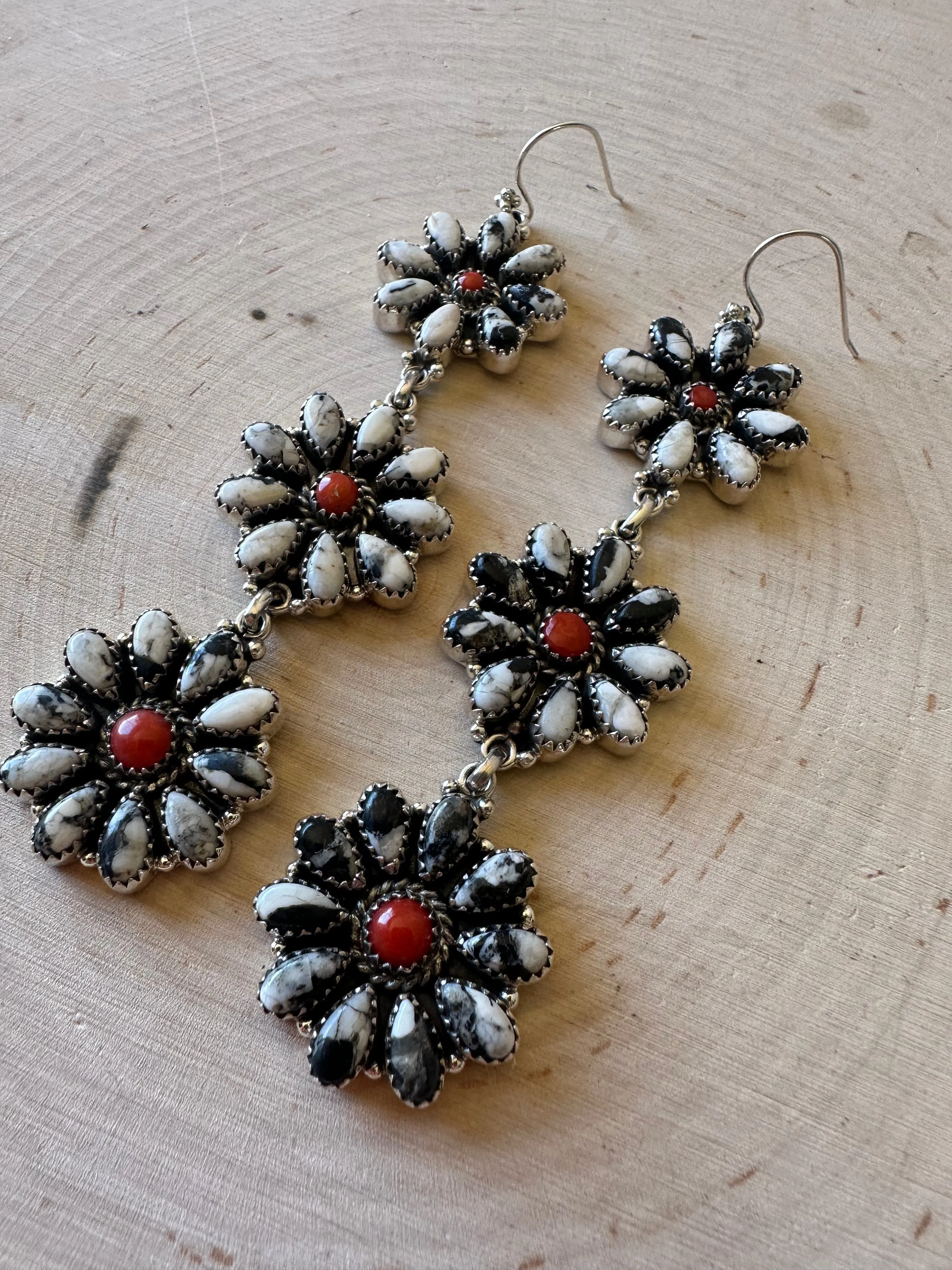 “Better Than Revenge” Handmade Coral, White Buffalo and Sterling Silver Dangle Earrings