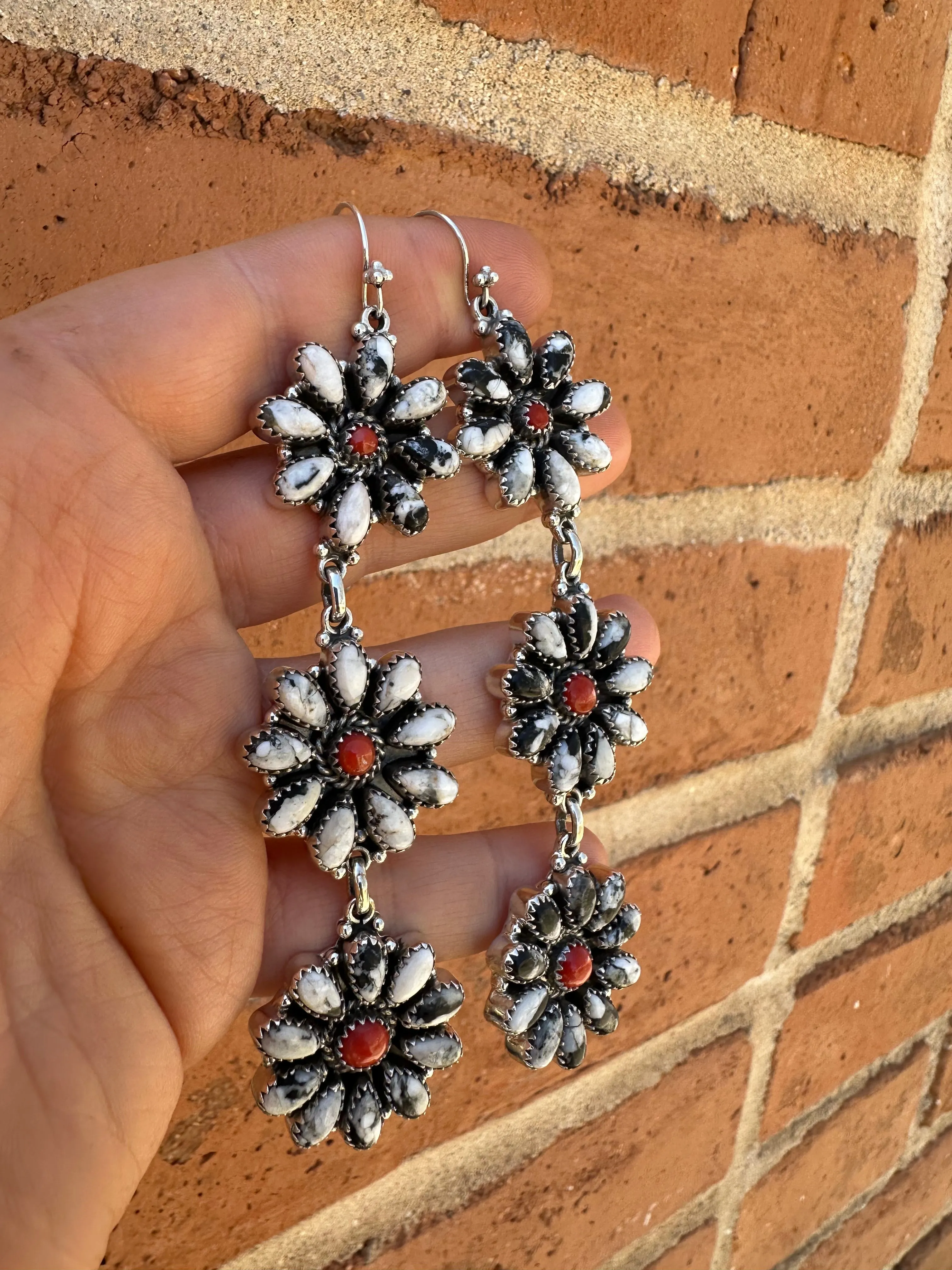 “Better Than Revenge” Handmade Coral, White Buffalo and Sterling Silver Dangle Earrings