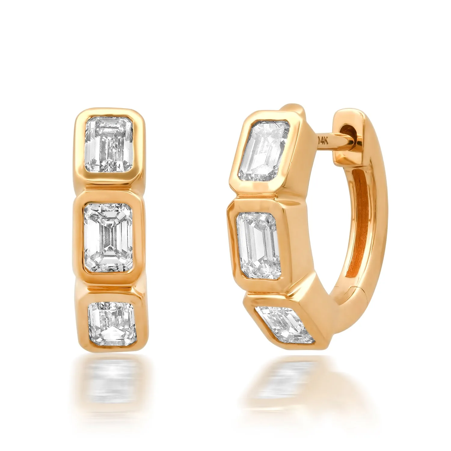 Bezel-Set Emerald Cut Diamond Huggie Hoops