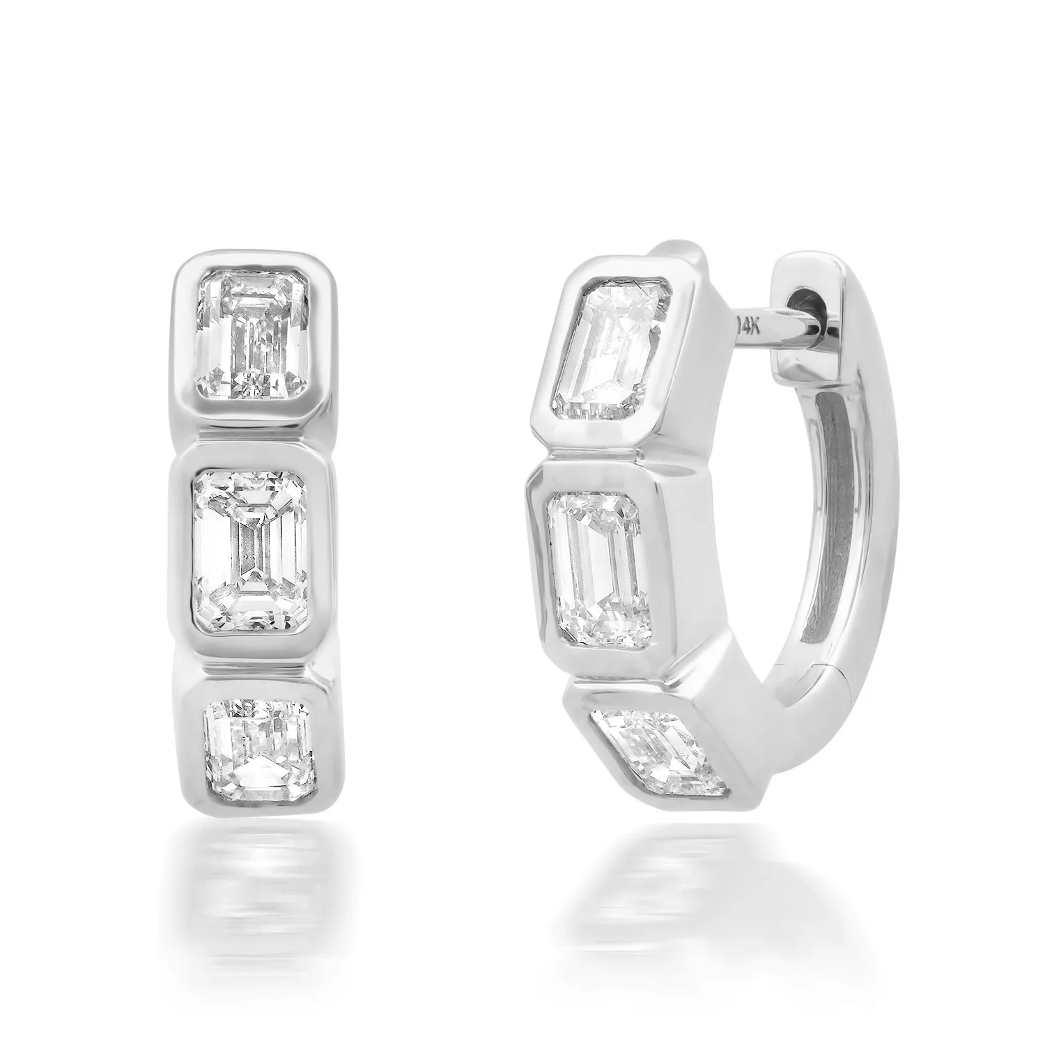 Bezel-Set Emerald Cut Diamond Huggie Hoops